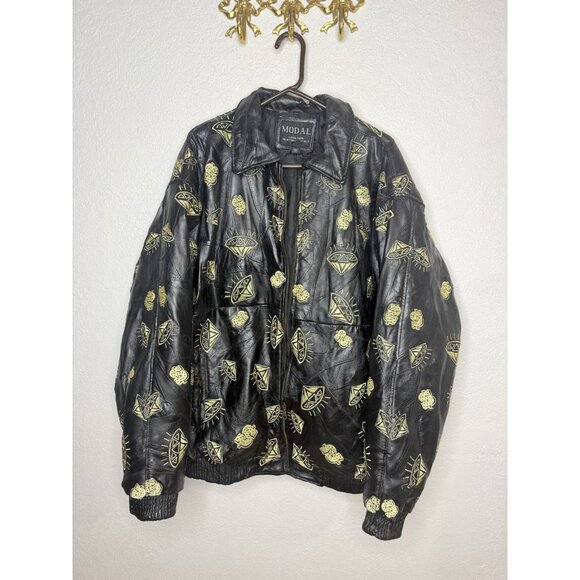 Original Modal Black Lambskin Leather Jacket Embroidered Diamonds $$ 3XL Read